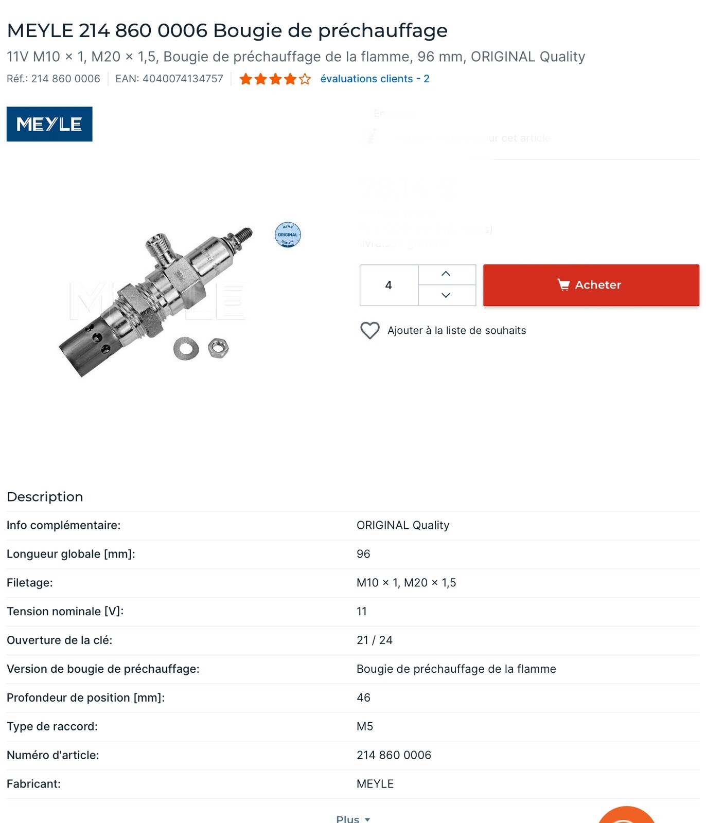 Bougie de préchauffage MEYLE avec double filament pour un démarrage à froid instantané