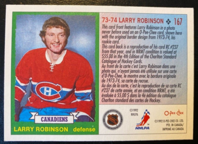 Larry ROBINSON 1973-74 OPC RETRO 1992 Bilingual #167 Montreal