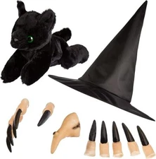 Classic Halloween Witch Costume Accessory Kit: Hat, Nose, Fingers, Black Cat