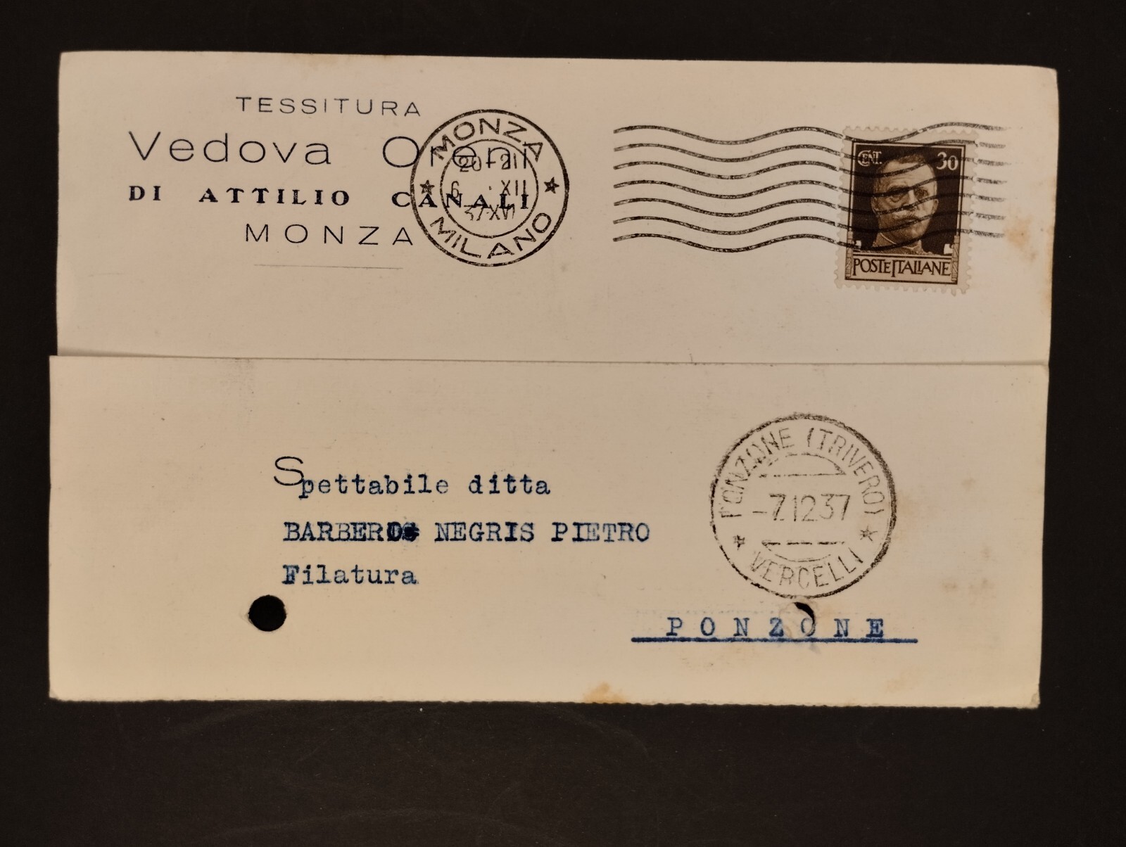 Cartolina Commerciale Monza Tessitura Vedova Oreni Attilio Canali 1937 KY1300