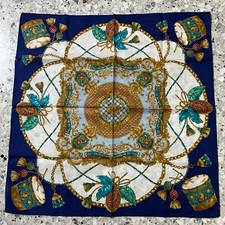 MEN BLUE HANKY COTTON VTG POCKET SQUARE 19" CLASSIC ART GOLD BAROQUE MUSIC DRUMS