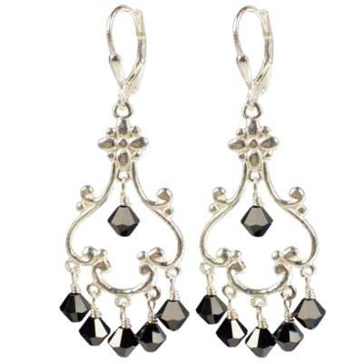 Sterling Silver Dangle Earrings made with Jet Black Swarovski Crystal Elements