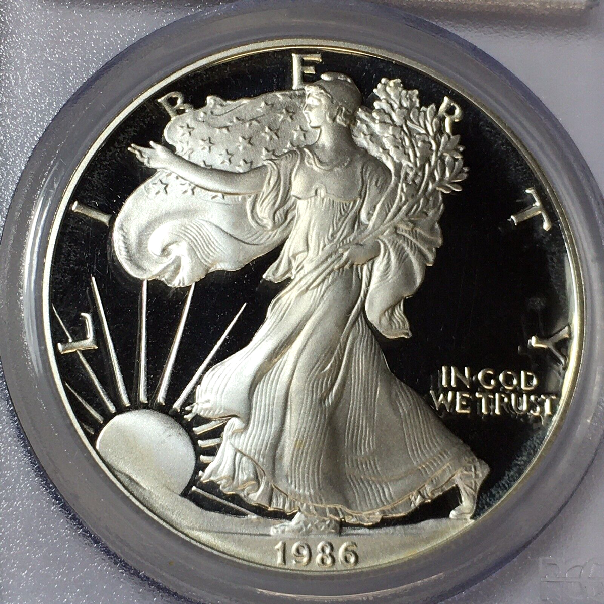 1986-S PROOF AMERICAN SILVER EAGLE PR70 DCAM PCGS. FIRST YEAR