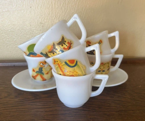 Lot of 9 Child's Mug Cup Saucer White Milk Glass Espresso Vtg Duck Chicken Owl