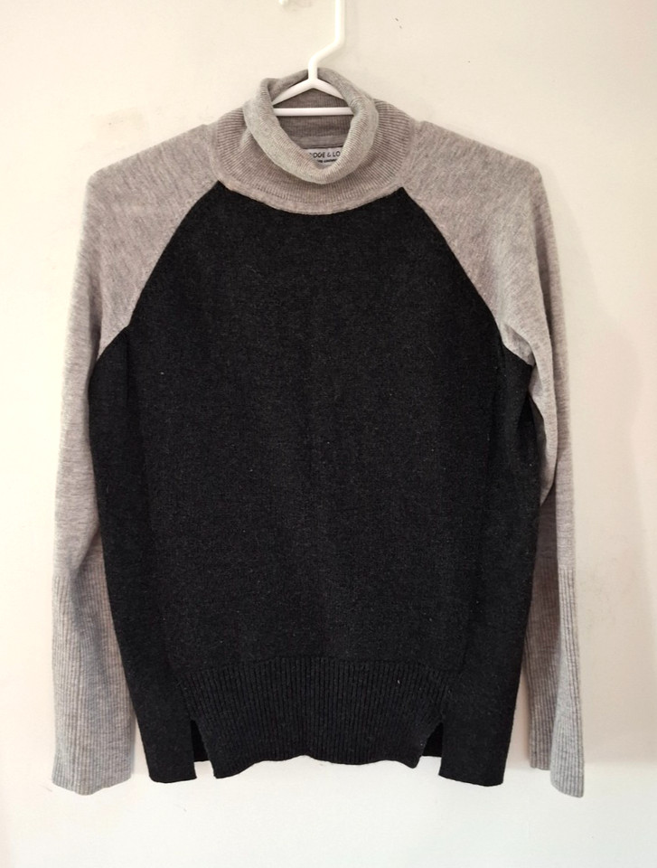 BRIDGE & LORD TWO TONE GREY MERINO CASHMERE BLEND JUMPER. ROLL NECK. MEDIUM