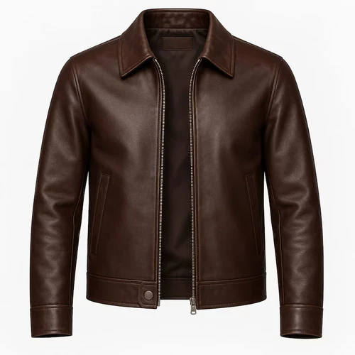 Men’s Brown Leather Jacket, Genuine Leather Zip Up Jacket, Vintage Cafe Racer - product listing photo