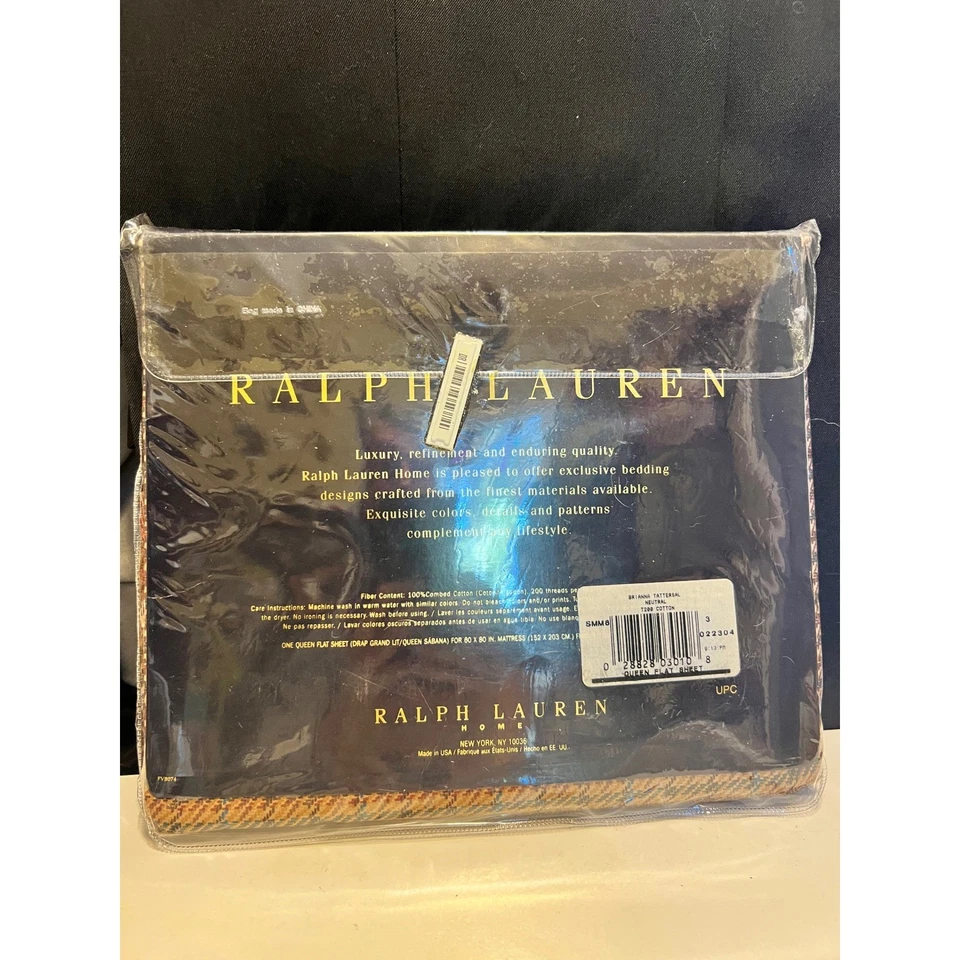 Sábana plana Ralph Lauren Home Queen Brianny Tattersal neutra 100 % algodón nueva en paquete Foto 2 de 4