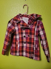 Old Navy Girls Wool Blend Double Breasted Plaid Pea Coat Red Purple Medium