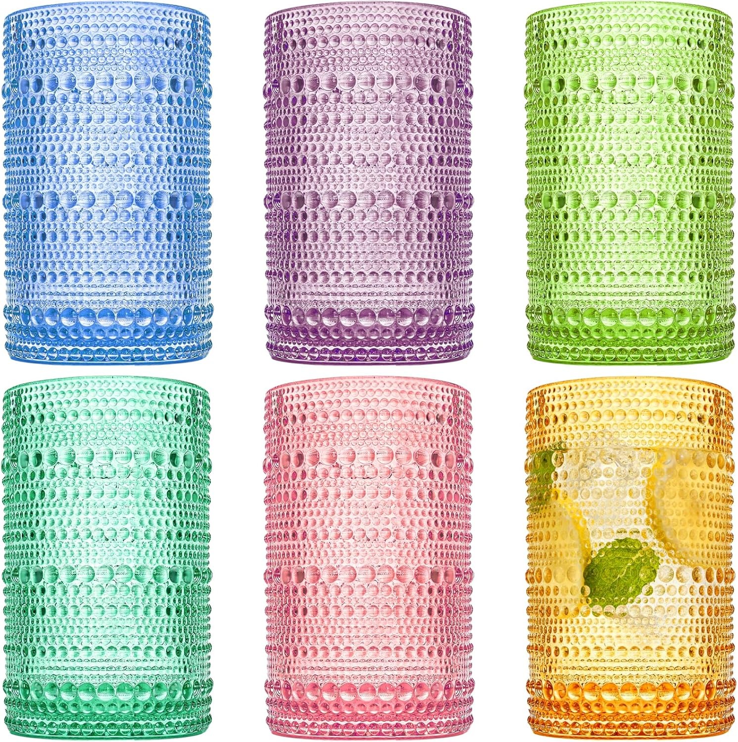 Set of 6 Vintage Drinking Glasses 12 Oz Colored Hobnail Glasses Tumbler Embossed