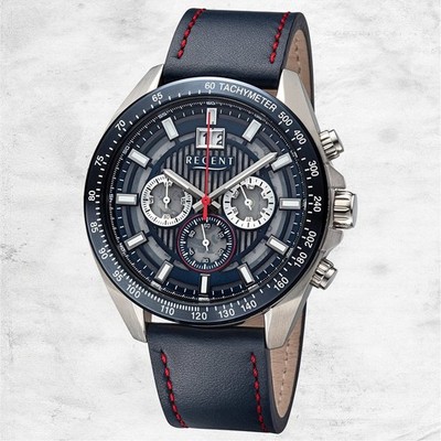 Regent Leder Herren Uhr Armbanduhr Quarz blau rot Lederarmband URBA827