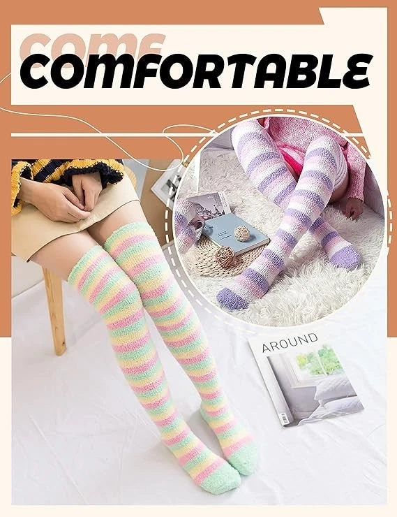 Fun Funny Socks for Women Fuzzy Thigh High Socks Over Knee High Long Striped ... - Image 2 of 4