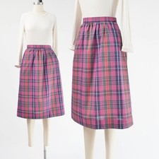 Vintage 80s Purple Plaid Skirt High Waist A-Line Cotton Blend XS Preppy Midi