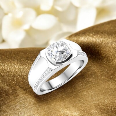 Cushion Cut Ct Lab Grown Diamond Mens Rings 18K White Gold Band IGI  10 11