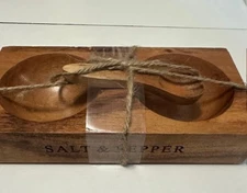 Rustic Wooden Salt & Pepper Cellar Double Bowl Set with Spoon Farmhouse Kitchen