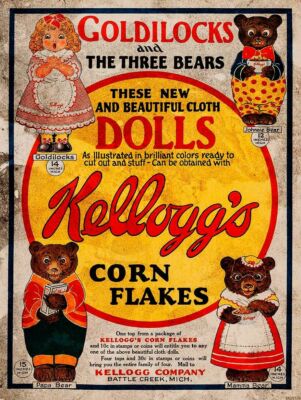 KELLOGG'S CORN FLAKES GOLDILOCKS BEAR HEAVY DUTY USA MADE METAL ADVERTISING SIGN