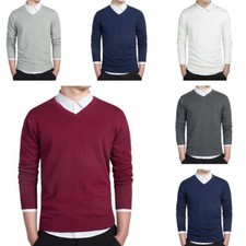 Men Knit Sweater Cotton Blouse Long Sleeve Basic Tee Tops V-Neck Knitwear Plain