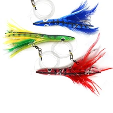 3pcs 6" Fishing Tuna Clone Feather Head Rigged 3oz Trolling lure Red Blue Green