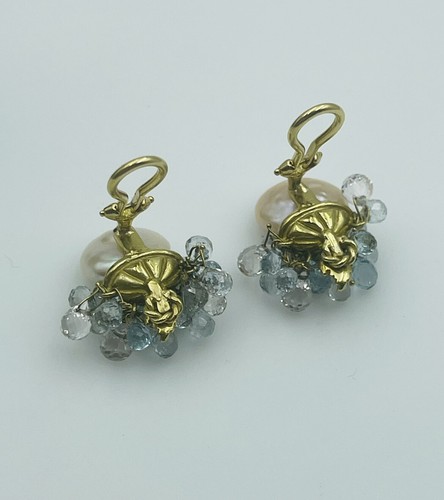 18k Oro Amarillo Briolette Aguamarina Azul Y Perla Pendientes Clip - Imagen 9 de 10