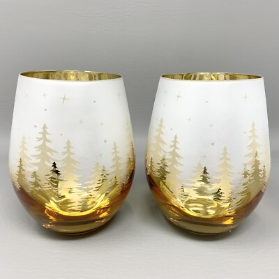Set of 2 Gold Pine Trees Mirrored Stemless Wine Glasses Frosted Winter Forest