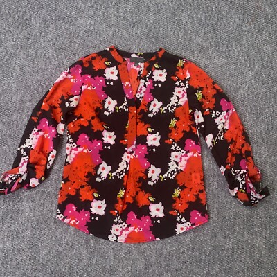 The Limited Womens Shirt XS Orange Floral Roll-Tab Sleeve V-Neck Flowy Stretch
