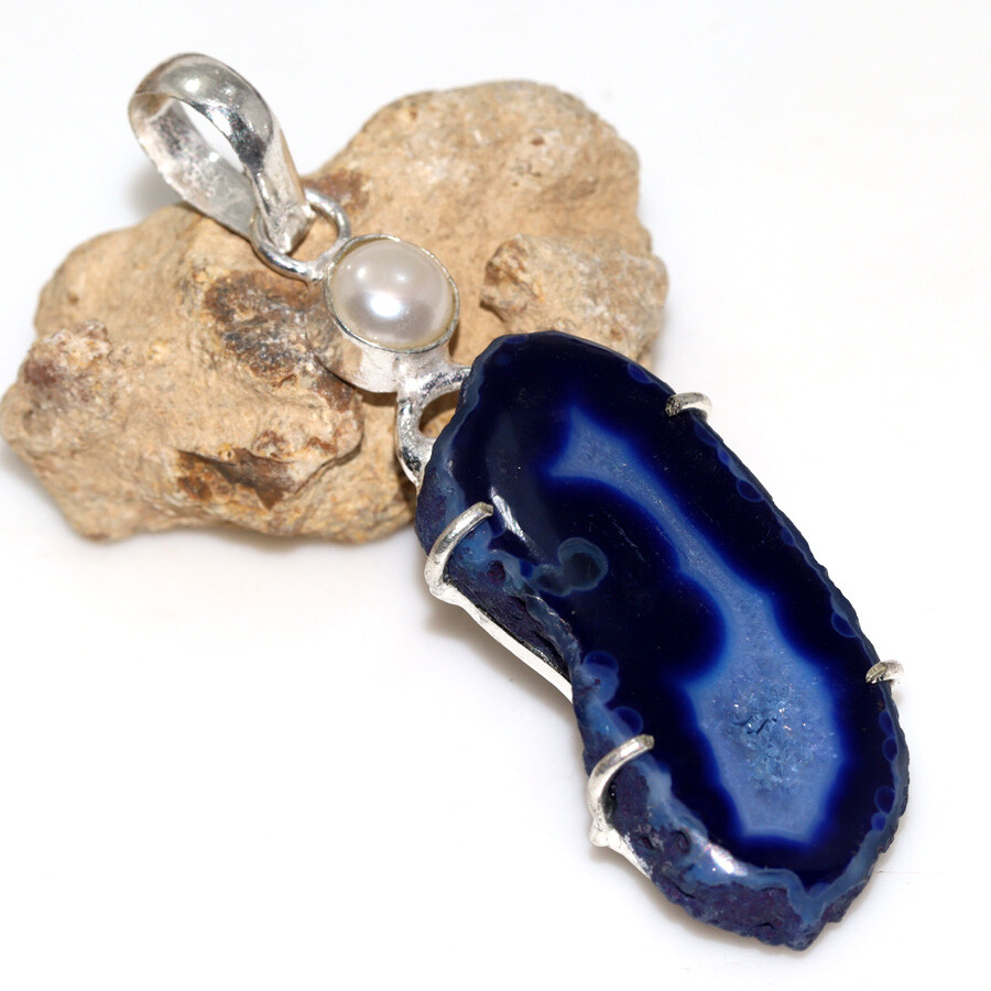 925 Silver Plated Agate Geode Slice Pearl Long Pendant Jewelry Size 2.3