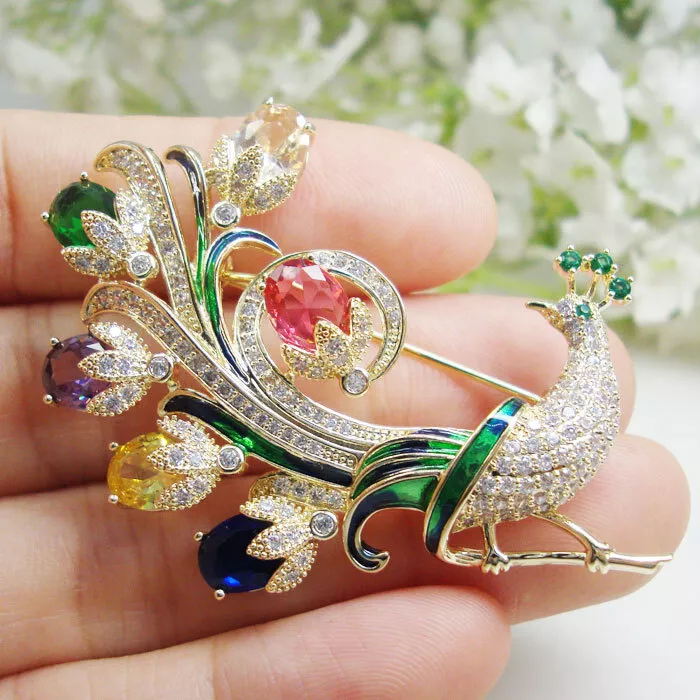 Luxurious Multi-color Peacock Festival Gifts Woman's Brooch Pin Zircon  Crystal