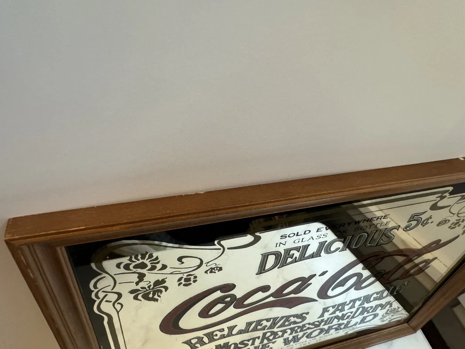 Vintage Coca-Cola Mirror Sign Framed | “Delicious 5¢ Relieves Fatigue” | Classic - Image 4 of 4