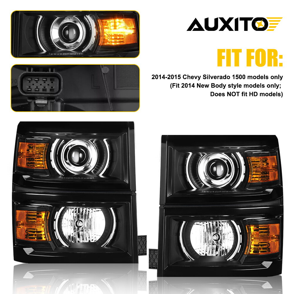 AUXITO For 2014-2015 Chevy Silverado 1500 Black Headlights Headlamps LH+RH Pair