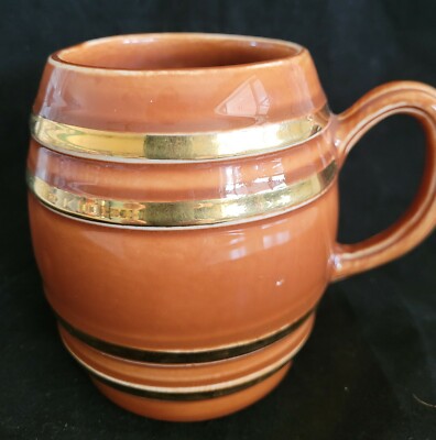 Vtg. Acme Craftware USA Caramel 16 oz Barrel Mug Coffee Tea Gold Accents~Read