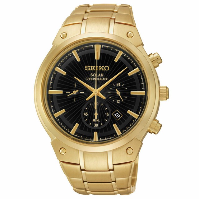 seiko solar chronograph black and gold
