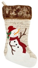 Country Primitive Chic Red scarf Snowman Christmas Stocking w. Faux Fur Cuff 20"