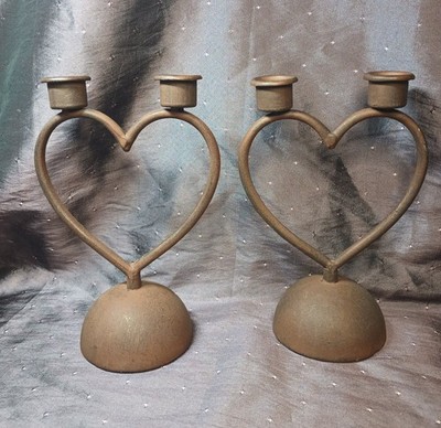 Set of Two Rustic Metal Heart Shape Candle Holders Double Taper