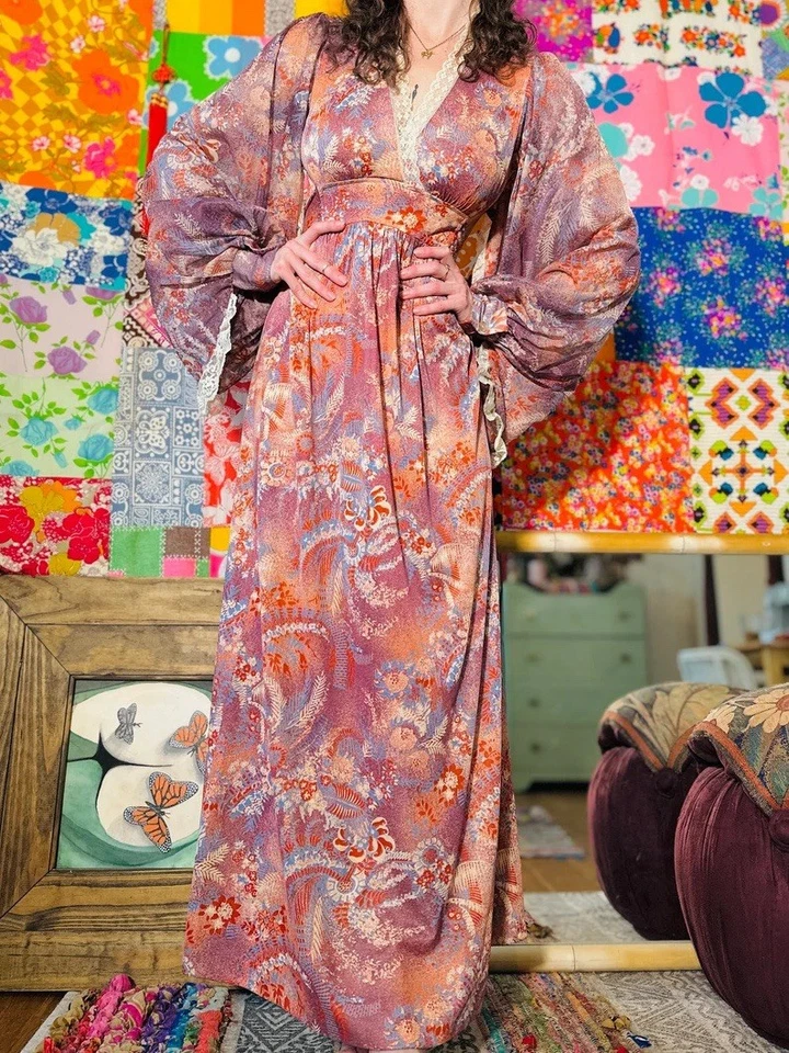 70s VTG Floral Bell Sleeve Prairie Dress Boho Hippie Cottage Farmcore Maxi XS - Image 2 of 4