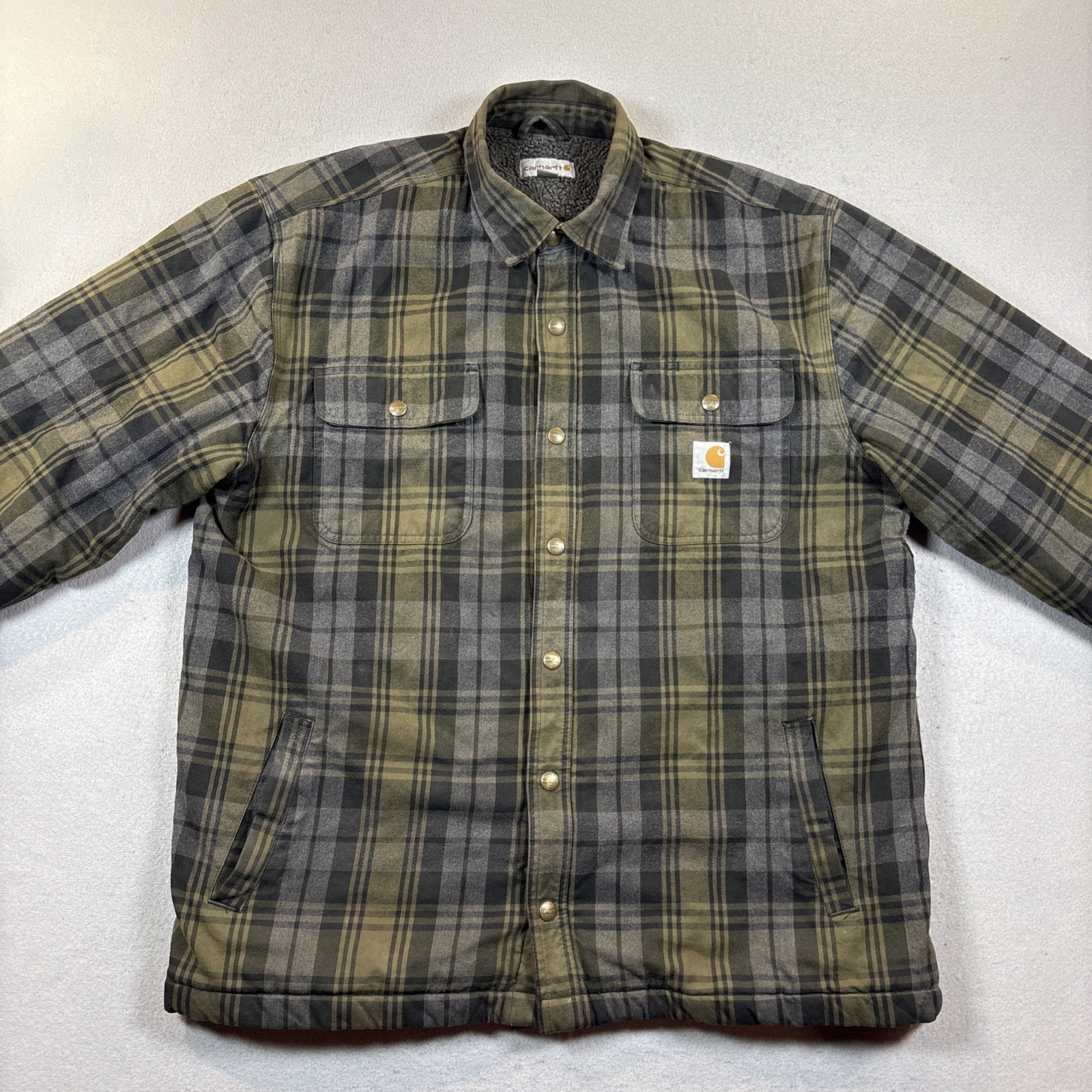 Carhartt Men’s Relaxed Fit Heavy  Flannel Sherpa Lined Green Plaid Jacket Large thumbnail 2