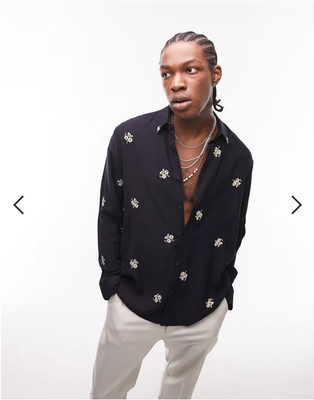Topman Shirt Mens Small Navy Blue Embroidered Floral
