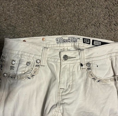 Miss Me Jeans Mid Rise Skinny Womens  White Embellished Rhinestone Pockets 