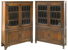 Antique Bookcases, (2), English Carved Oak & Leaded Glass, Early 1900s, 20th C!!