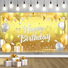 Gold Silver Happy Birthday Banner Decorations Large Glittery Birthday Backdrop