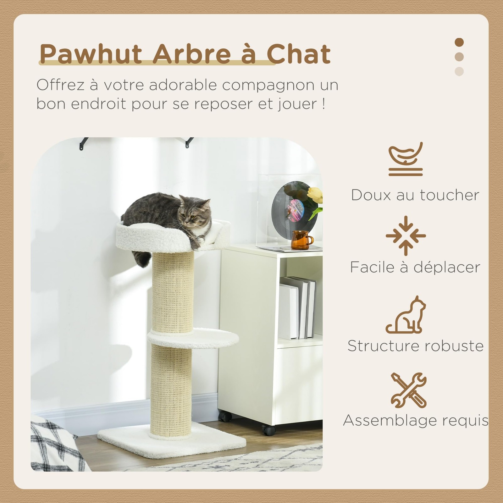 Arbre à chat compact avec poteau à griffer pour chat d'appartement en bouclette gris