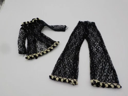 Vintage Montgomery Ward Barbie Mego Maddie Mod Black Lace Top Pants Set Pom Poms