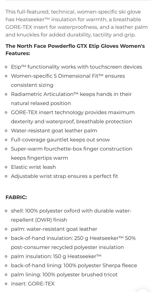 The North Face 女式 L Powderflo Futurelight 手套极冷防水 100 美元 — 第 2/4 张图片