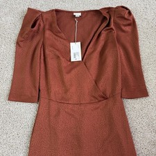 A New Day Dress Womens XS Brown Satin Animal Print Puff Sleeve V Neck Wrap Midi