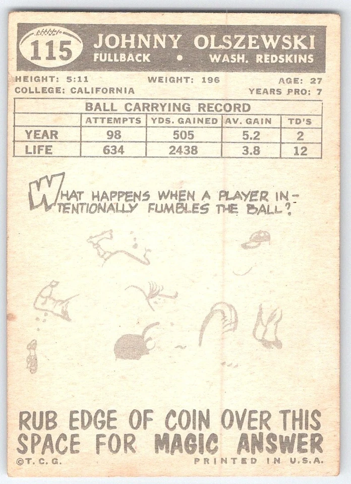 Johnny Olszewski Washington Redskins 1957 Topps #115 Vintage NFL Card - Image 2 of 2