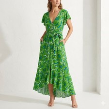 Nigella Boho Chic Maxi Ruffle Dress Womens M Green Botanical Resort Garden Party