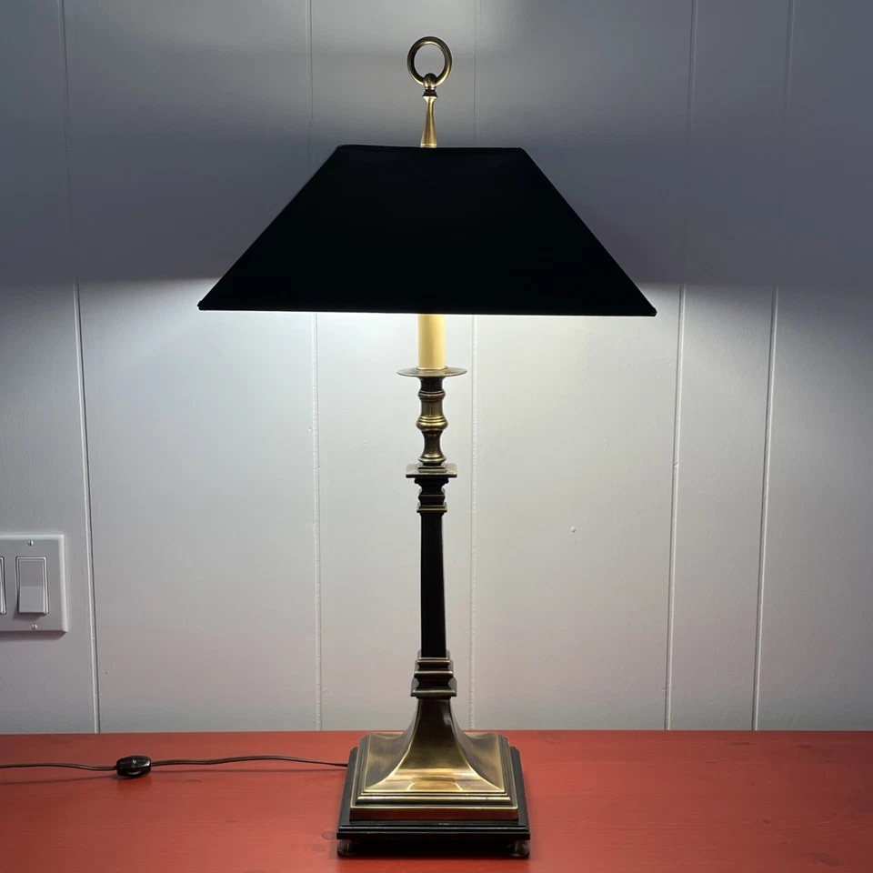 老式2个灯泡方形黄铜烛台灯带黑色灯罩29 — 第 2/4 张图片