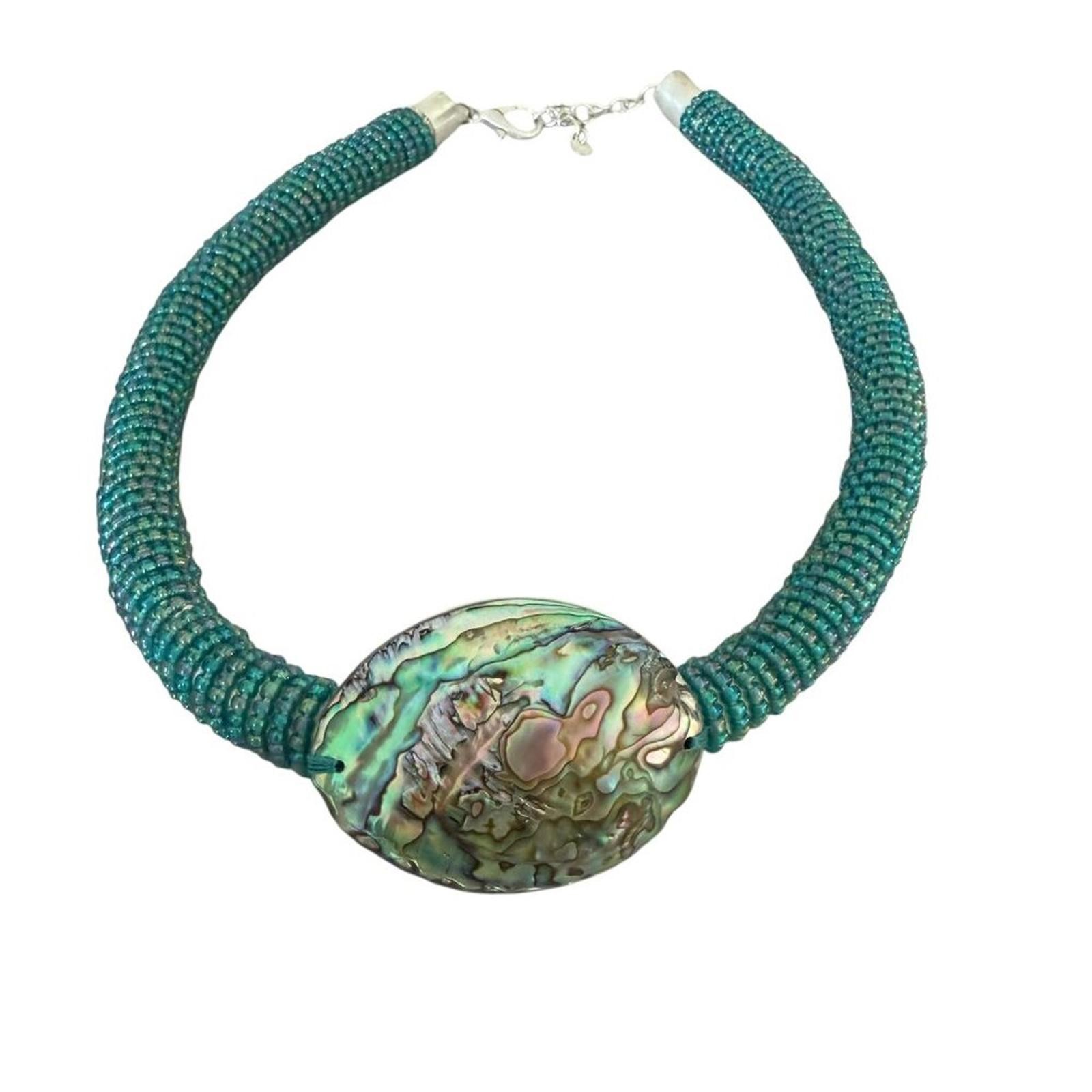 Abalone shell statement large necklace, beaded ab… - image 1
