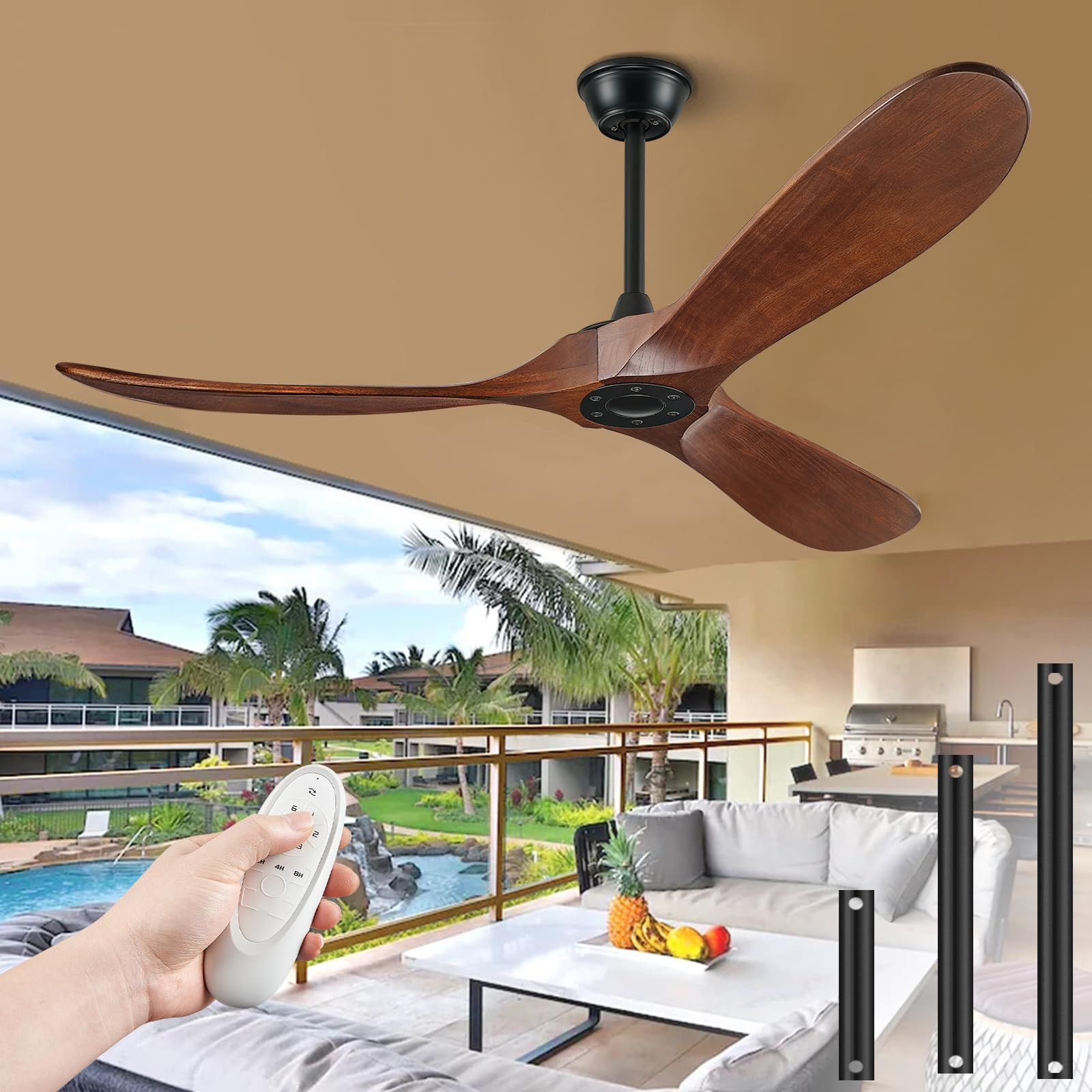 52 Inch Solid Wood Ceiling Fan Without Light Remote Control Minimalist Design