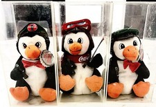 Coca-Cola Penguin Plush Set of 3 w/ Display Cases Vintage 1980s Collectibles