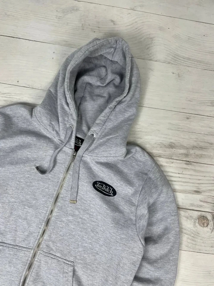 Sudadera con Capucha Vintage Von Dutch Logo Grande Cremallera Completa Japón Gris Hombres Talla L Gris Foto 4 de 4