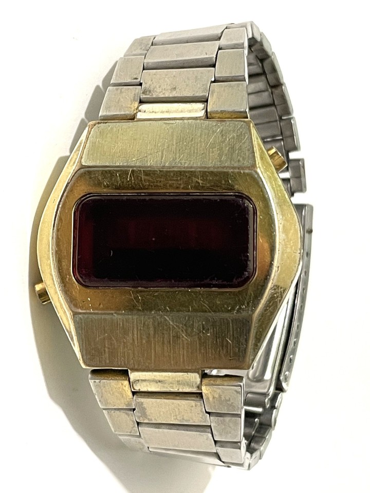 Vtg Men's LED digital watch, circa 1970's, two-button red LED display ...